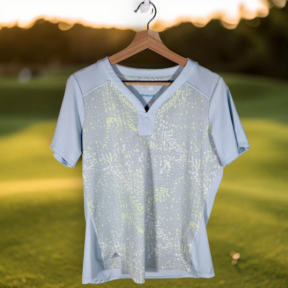 Adidas Women's Large Light Blue & Geometric Mesh S/S V-Neck Golf Shirt Climacool